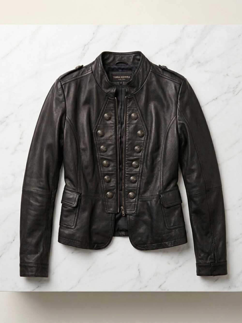 TERRA NOSTRA Black Military-Style Leather Jacket Pre-Owned
